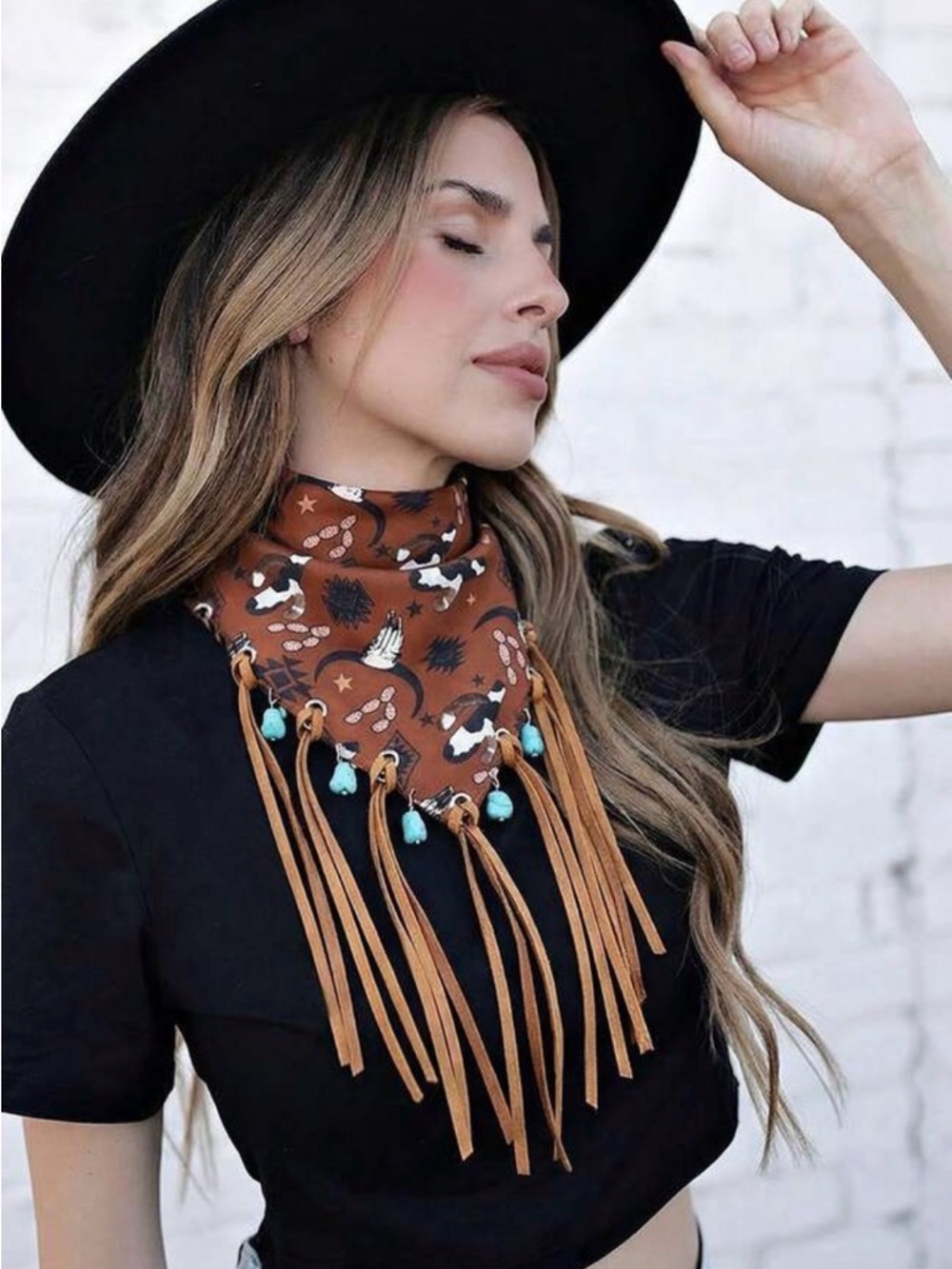 Western Bandana Scarf fringed in Brown with Turquoise Beads Longhorn Bandana